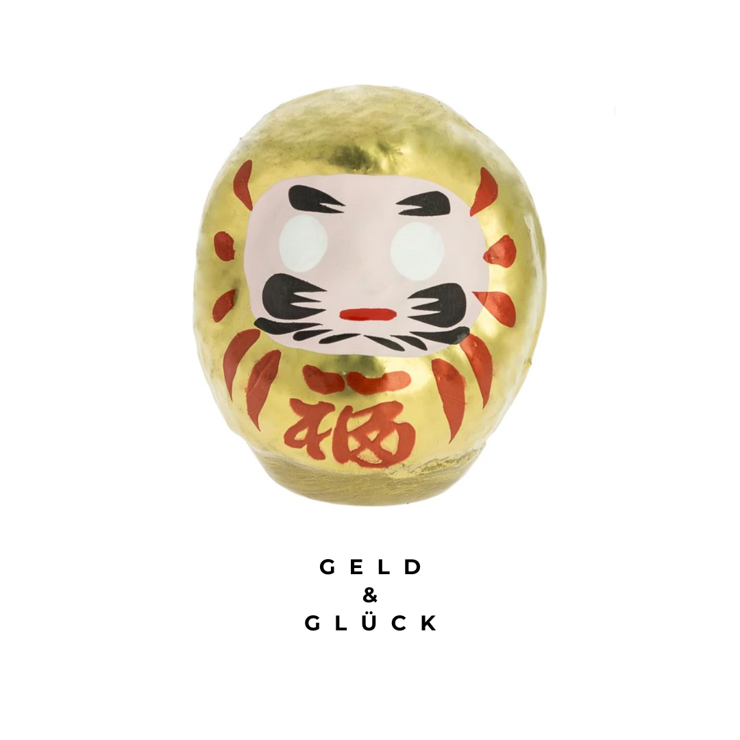  Daruma Gold, zeigt ein Bild von vorne. Diese Doll representiert die Japanische Zen Tradition. Kaufen über Zen-wisches. 